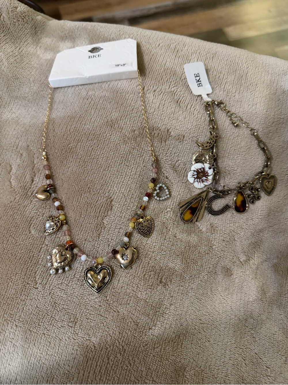 BKE Gold Heart Charm Necklace with Multicolor Beads and Bracelet.